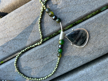 Teardrop Moss Agate in Sterling Silver on a beaded necklace